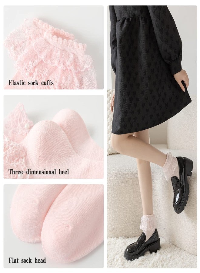 AMHRLINGTO Lace Ruffle Frilly Ankle Socks for Women - Pearl Lace Socks (White-3 Pairs) - Image 3